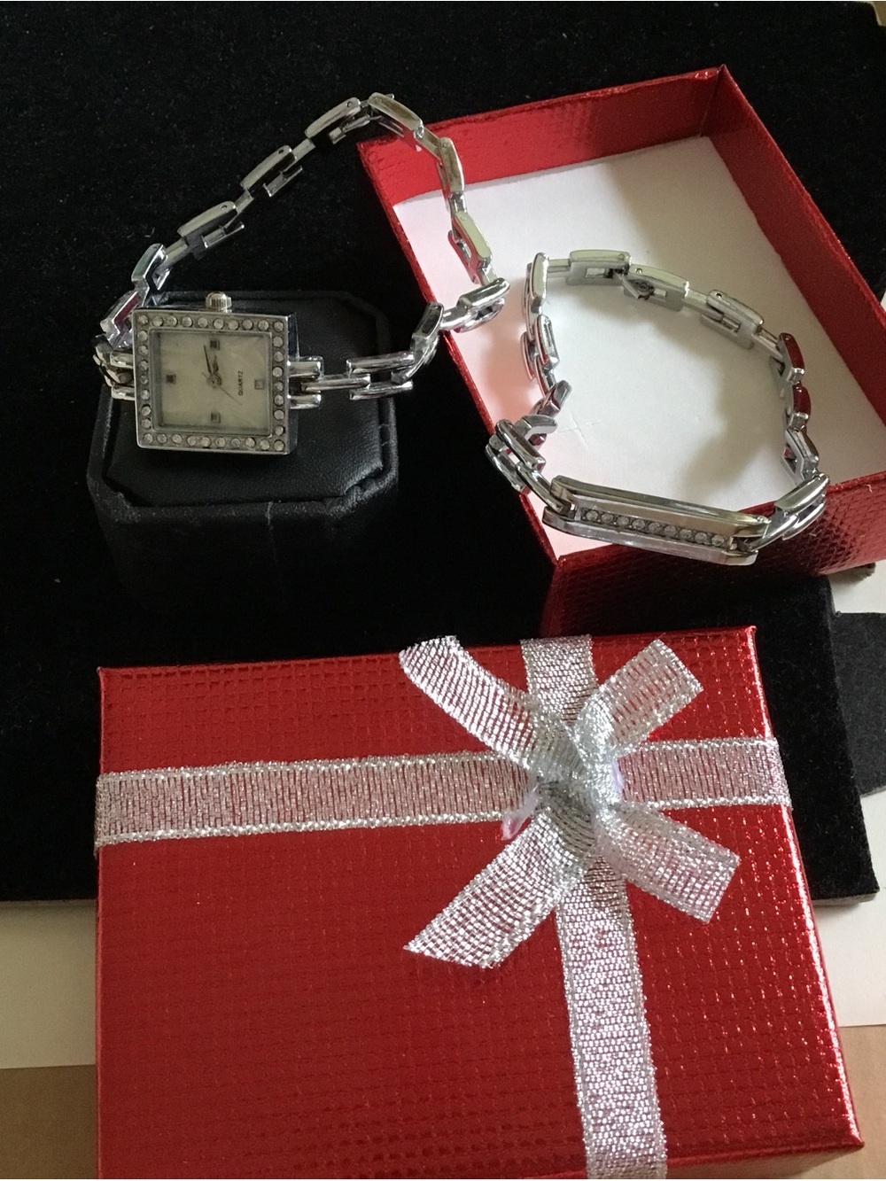 Ladies Silver-Tone Crystal Square Face Watch with Matching Bracelet